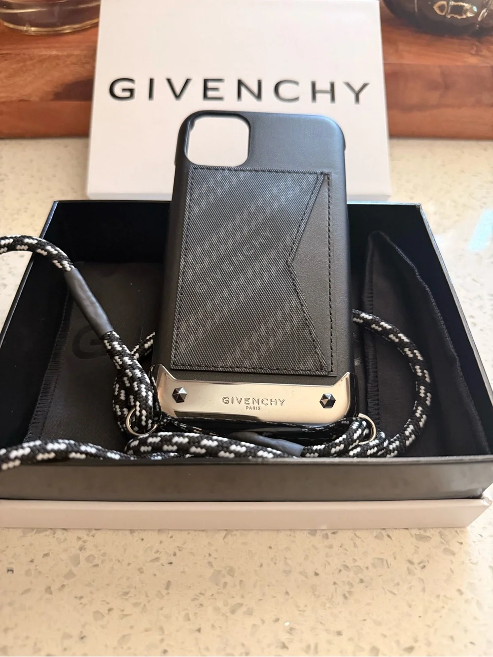 NWT Givenchy Black Leather Card Pocket Phone Case with Black-White Lanyard